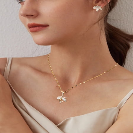 1 Set Maple Leaf Jewelry Set Brass Clear Cubic Zirconia Necklace Stud Earring Sets