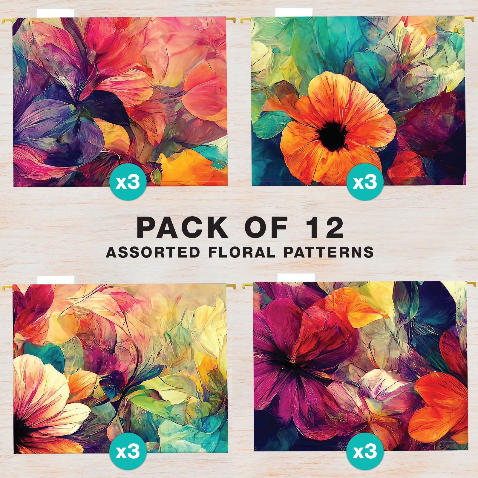 Global Printed Products Abstract Floral Letter Hanging File Folders, 12 Pack