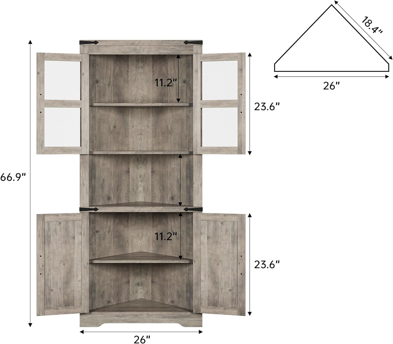 Farmhouse Style Corner Cabinet, 67"H Freestanding Tall Corner Storage Cabinet with Barn Door & Adjustable Shelves, Bathroom Cabinet with Storage for Living Room, Kitchen, Bathroom