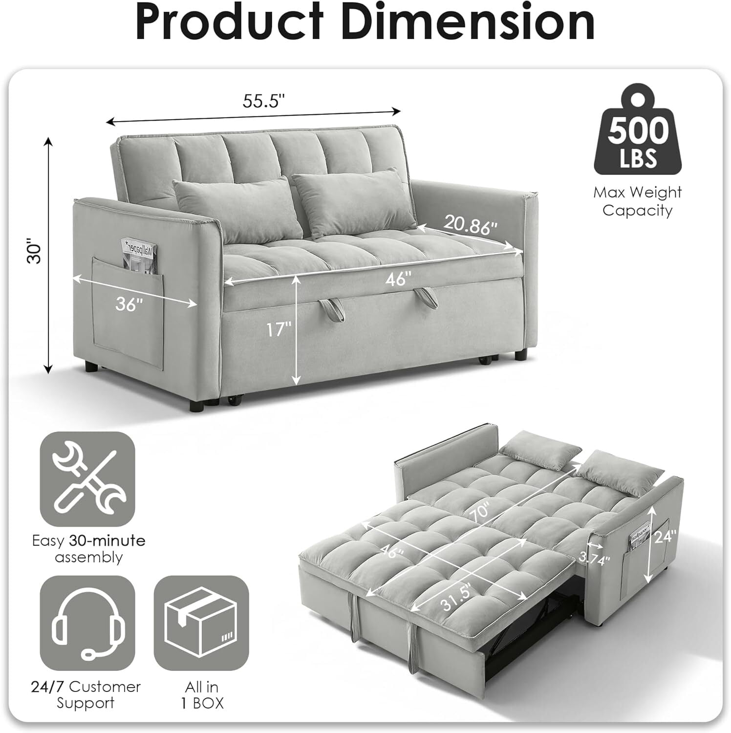 ShiKeyi 3 in 1 Convertible Sleeper Futon Sofa Bed, 55" Pull Out Sofa Bed with Storage Pocket/Side Pocket/2 Pillows for Living Room, Gray