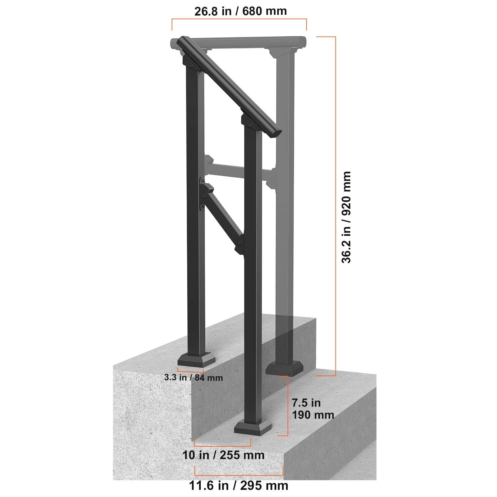VEVOR Handrails for Outdoor Steps, 1-2 Step Stair Hand Rail Kit, Transitional Carbon Steel Railings with Installation Kit, Stair Rails for Seniors, Concrete Steps & Porch & Deck, Black Square Tube