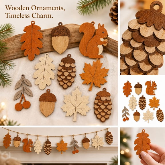 MInHoues 10 Pcs Fall Wooden Hanging Ornaments Garland Decor, Rustic Autumn Leaves Acorn Squirrel Wood Cutouts Block Signs with 6.56 ft Rope for Home Thanksgiving Mantel Wall Shelf