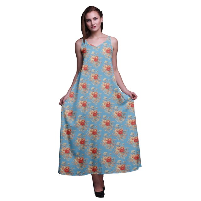 Bimba Robe Longue Maxi à Bretelles Spaghetti Réglables en Rayonne Imprimée Boho-Petite