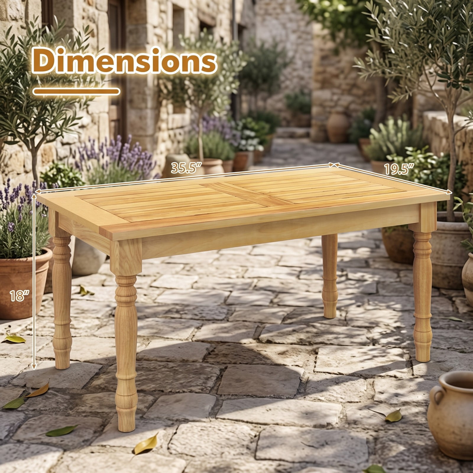 Furnibear 35.5 Inch Rectangle Teak Wood Patio Coffee Table with Slatted Top and Turned Legs for Living Room and Backyard, Natural