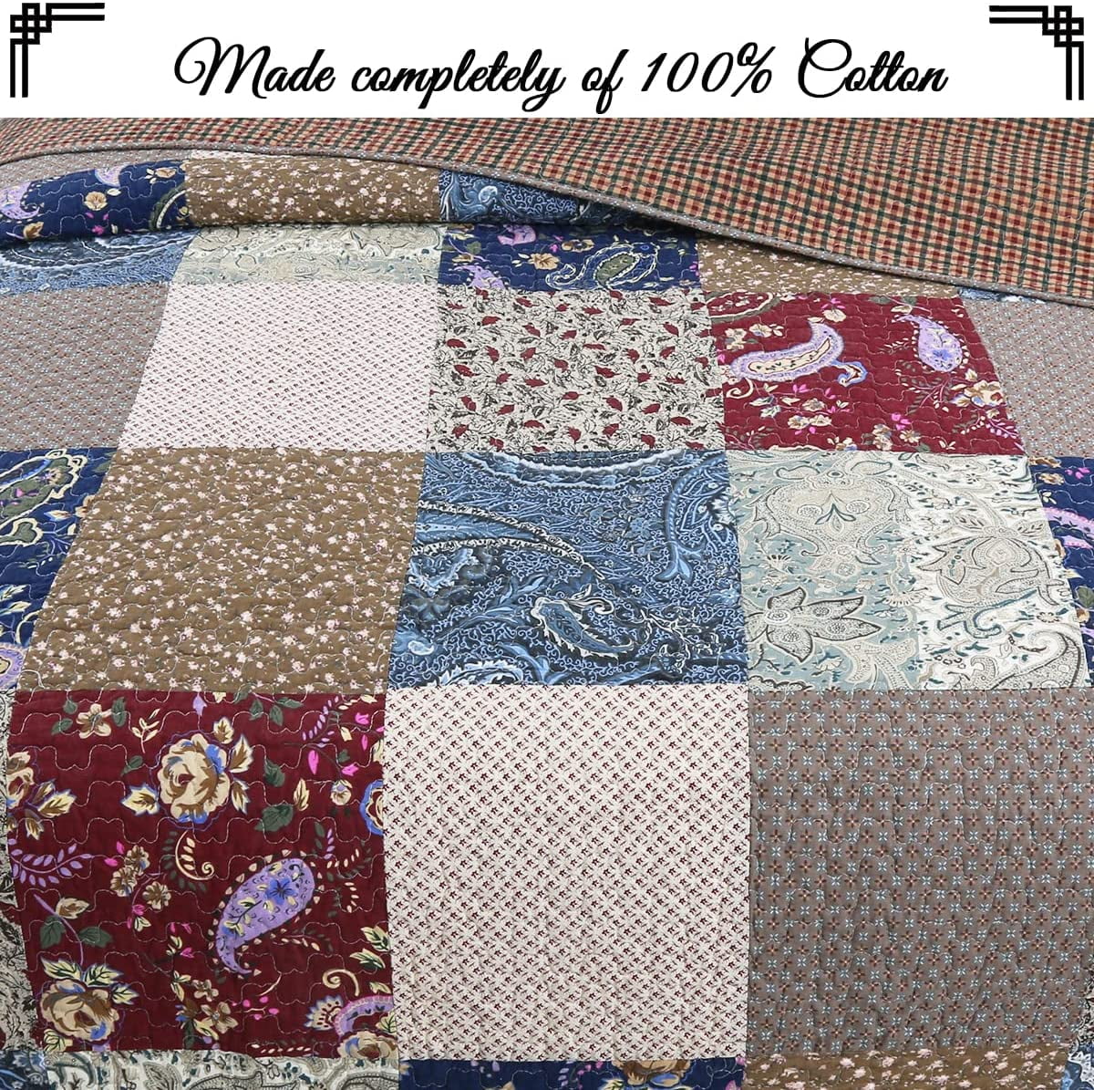 Cozy Line Home Fashions Hyler Paisley Navy Red 100% Cotton Quilt Set, King-Reversible 3 Counts