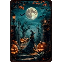 Halloween Metal Sign Witch Under The Moon Vintage Tin Poster For Home Kitchen Garden Office Decor 8x12 Inch Aluminum Wall Art Spooky Night Decorations With Bats Jack O Lanterns And Haunted Tree