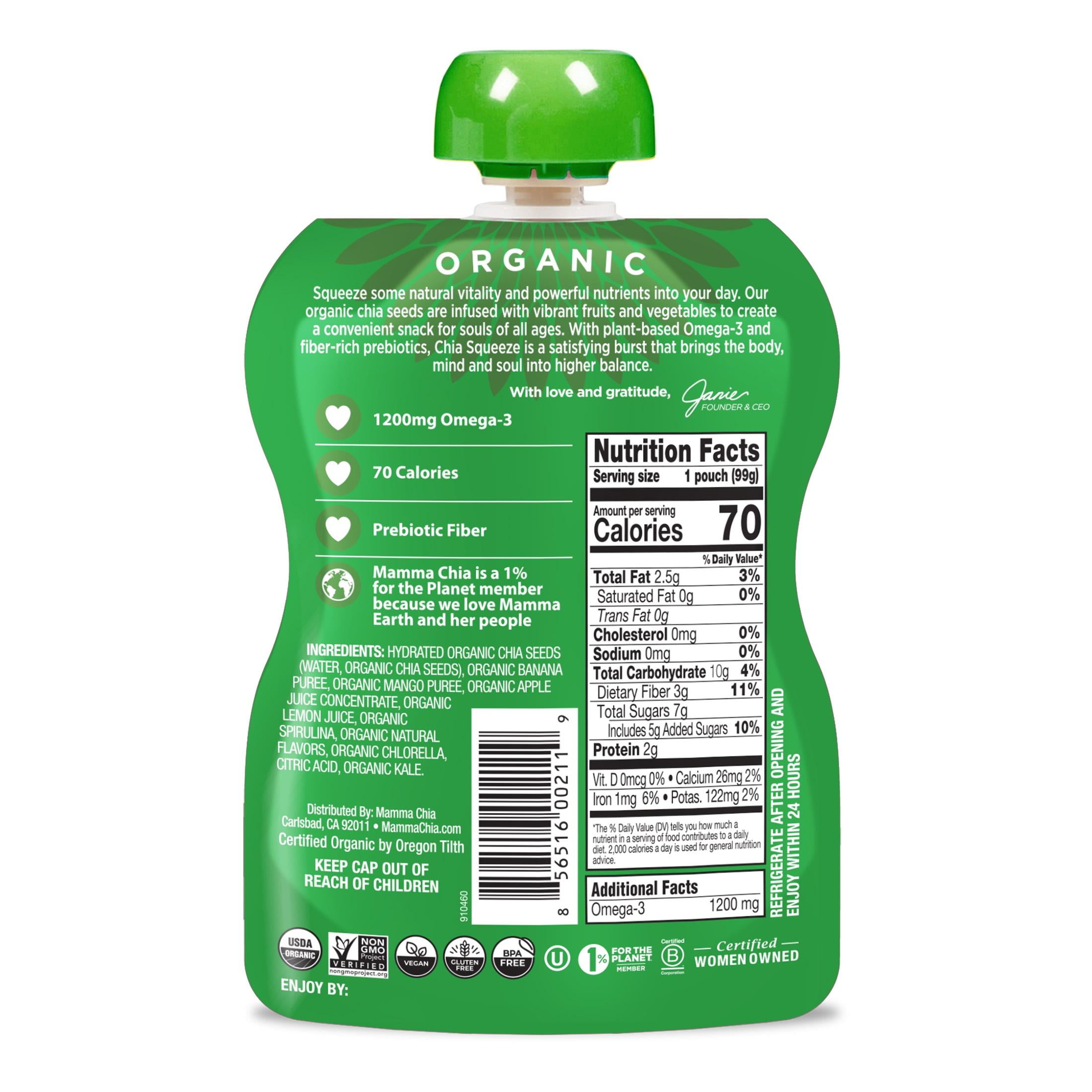 Mamma Chia Organic, Green Magic Chia Squeeze, 3.5 oz, 24 Count Pouches 6 Boxes of 4