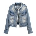 thumbnail image 2 of Womens Jackets Winter, Hoodless Frayed Button-Down Denim Jacket, 2 of 7