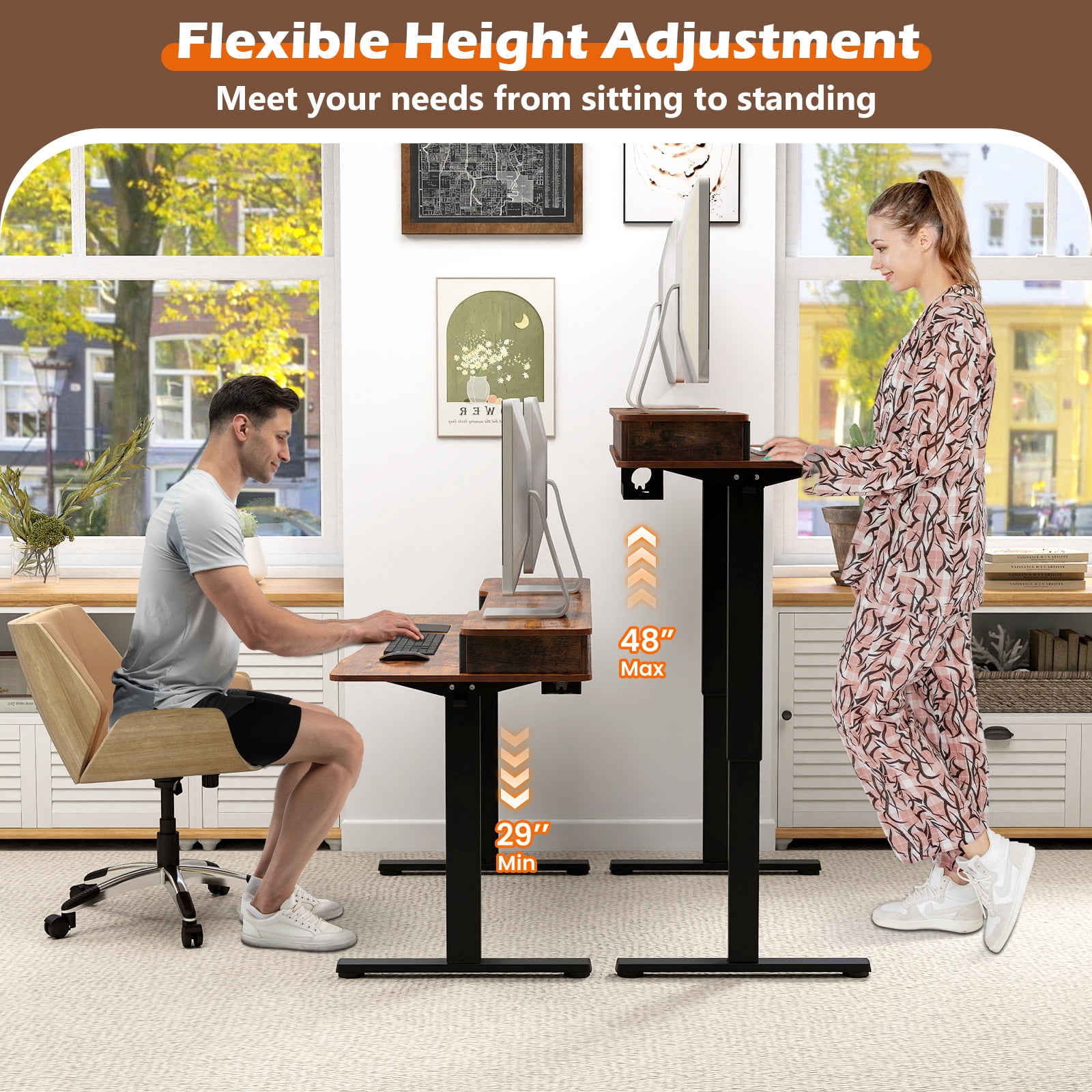 Topbuy 55" x 24" Standing Desk with Drawers Electric Stand-up Desk with Monitor Stand Rustic Brown