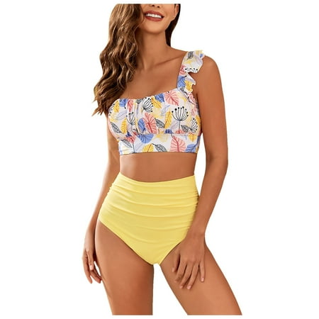GEWSEY Womens Tummy Control Bathing Suits Ruffle Tankini Set 2Pcs Sexy Crop Square Neck Twist Front Tops with Thong Yellow  S