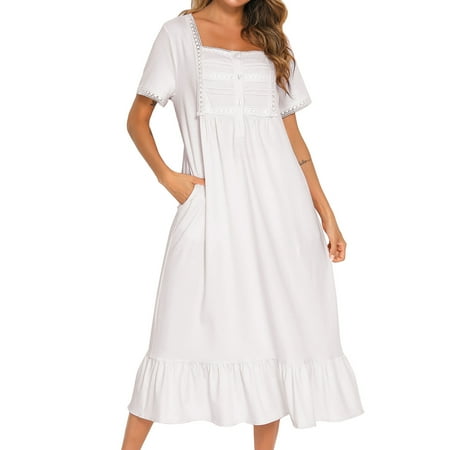 

Homgro Women s Cotton Victorian Nightgown Short Sleeve Sleep Dress Lace Frill Calf Length Square Neck Billowy Old Fashioned Pajama Shirt Summer Soft Sleepwear Long Nighty Pocket White Medium