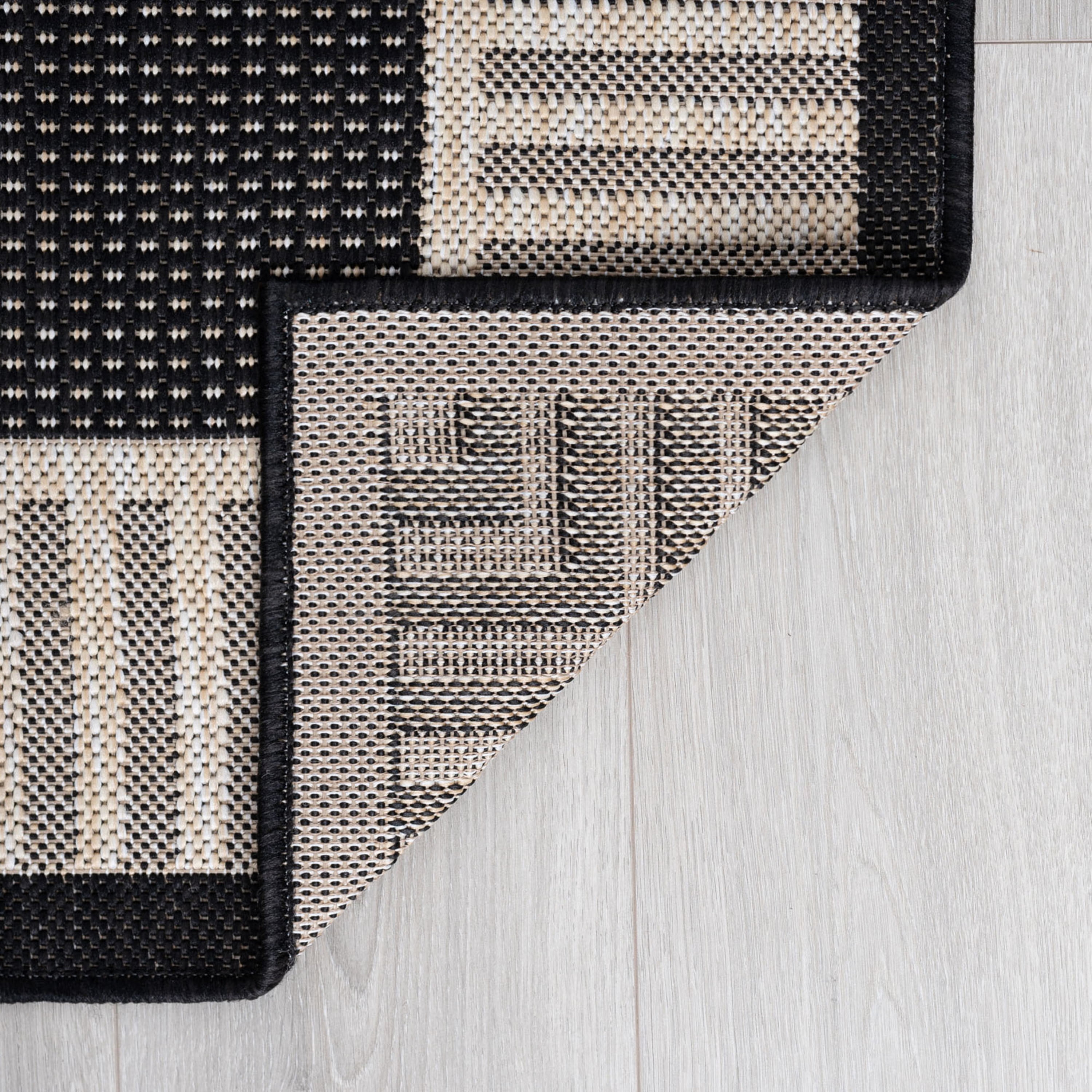5x8 Water Resistant, Indoor Outdoor Rugs for Patios, Front Door Entry, Entryway, Deck, Porch, Balcony | Outside Area Rug for Patio | Black, Striped Border | Size: 5'3'' x 7'3''