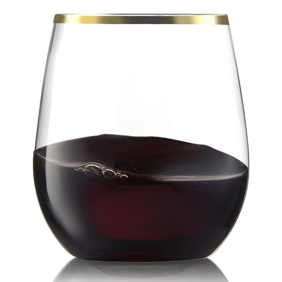 VEZEE Gold Rim Stemless Plastic Wine Glasses Goblet 12 oz Pack of 6