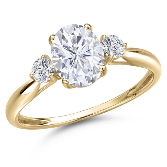 Gem Stone King 10K Yellow Gold White Moissanite and Lab Grown Diamond 3-Stone Ring for Women | 1.72 Cttw | Oval 8X6MM | Gemstone Birthstone | Size 8