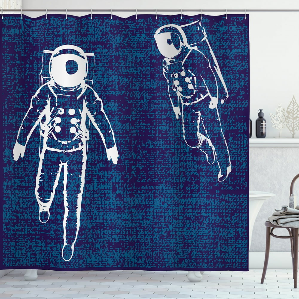Astronaut Shower Curtain, Two Astronauts Floating in Blue Space Drawing