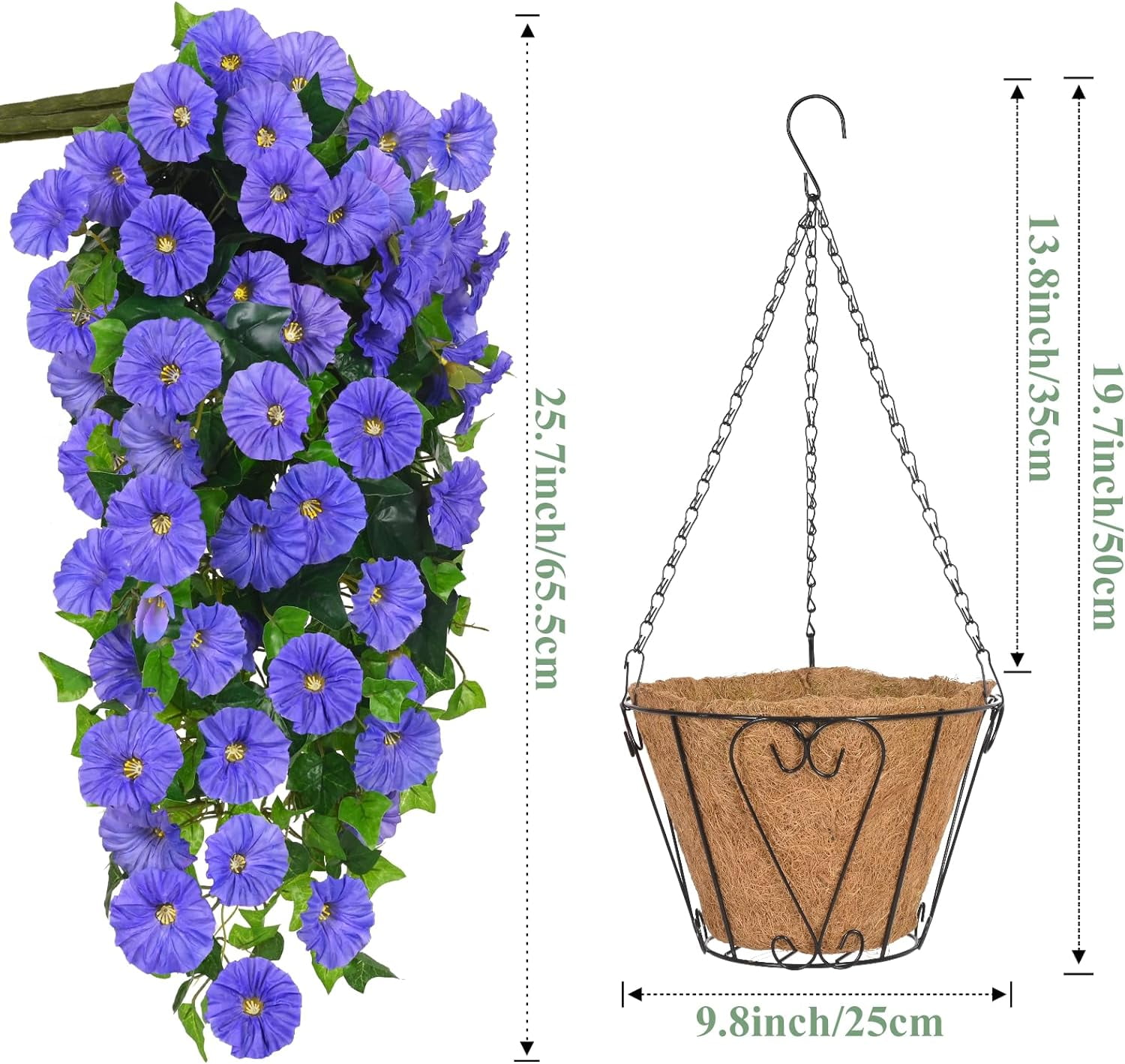 Artificial Hanging Baskets with Flowers, Fake Hanging Plants Outdoors, Faux Silk Flowers for Front Porch Patio Outside Urn Fillers Spring Summer Decor (Blue)