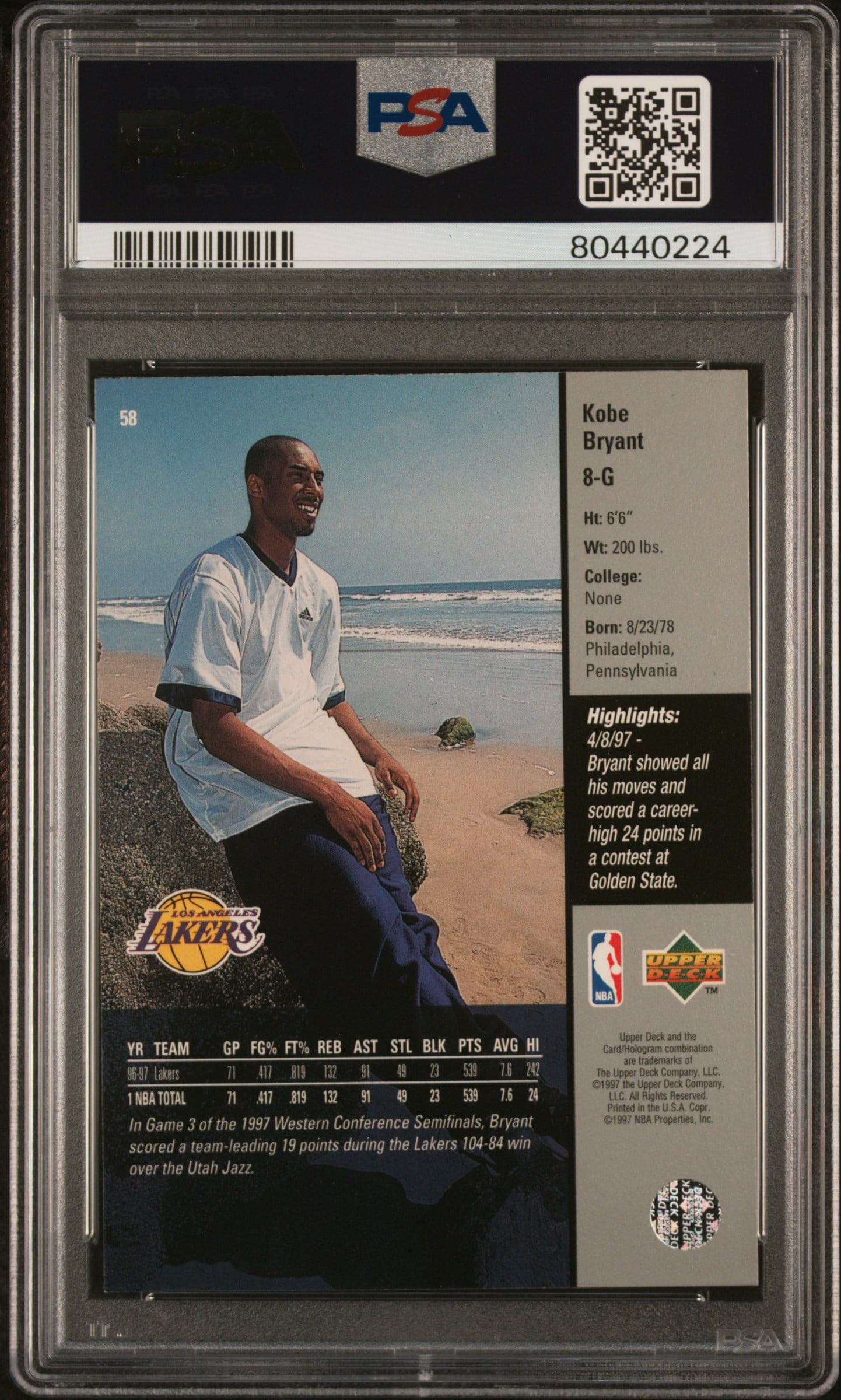 Kobe Bryant NBA 1997 Upper Deck UD SPx RC #SPX22 Rookie Card