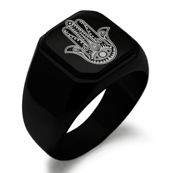 Stainless Steel Evil Eye Hamsa Hand of Fatima Engraved Square Flat Top Biker Style Polished Signet Ring