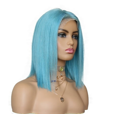 AISOM Blue Color Lace Front Human Hair Wigs Peruvian Virgin Hair Bob Wig,