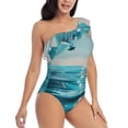 thumbnail image 3 of Uemuo Turquoise Ocean Reflection Print Women's One Piece Swimsuit Asymmetrical Neck Bathing Suit One Shoulder Side Cutout Ruffle Swimwear-Medium, 3 of 6
