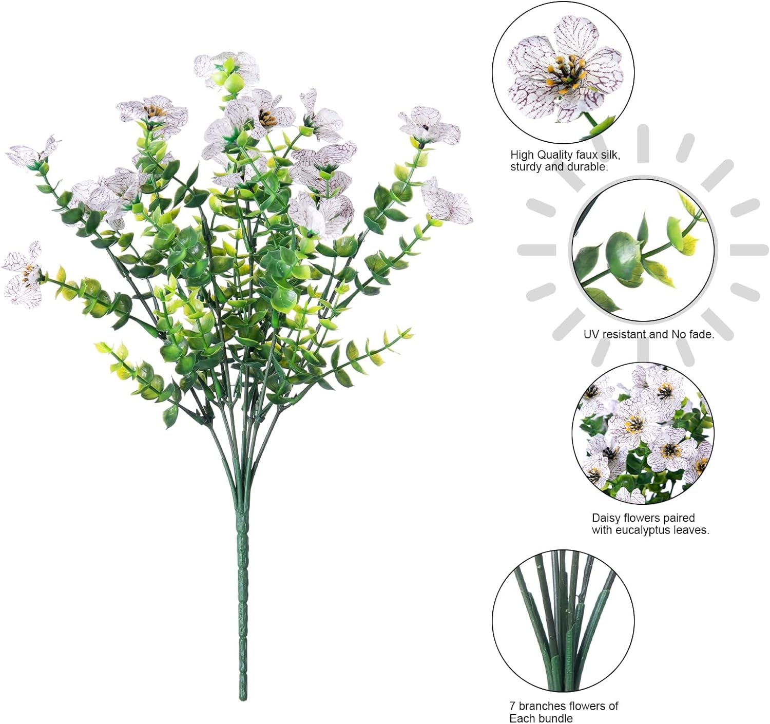Artificial Faux Plants Flowers Outdoor Spring Decoration, 12 Bundles Fake Silk Colorful Daisy Eucalyptus Realistic UV Resistant for Outside Home Planter Porch Patio Window Yard Decor (Mix)