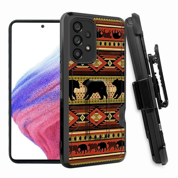 ANJ  Rugged Shockproof Hoster Case w/Card Slot, Kickstand   Tempered Glass Cover for Samsung Galaxy A33 5G - Tribal Bears