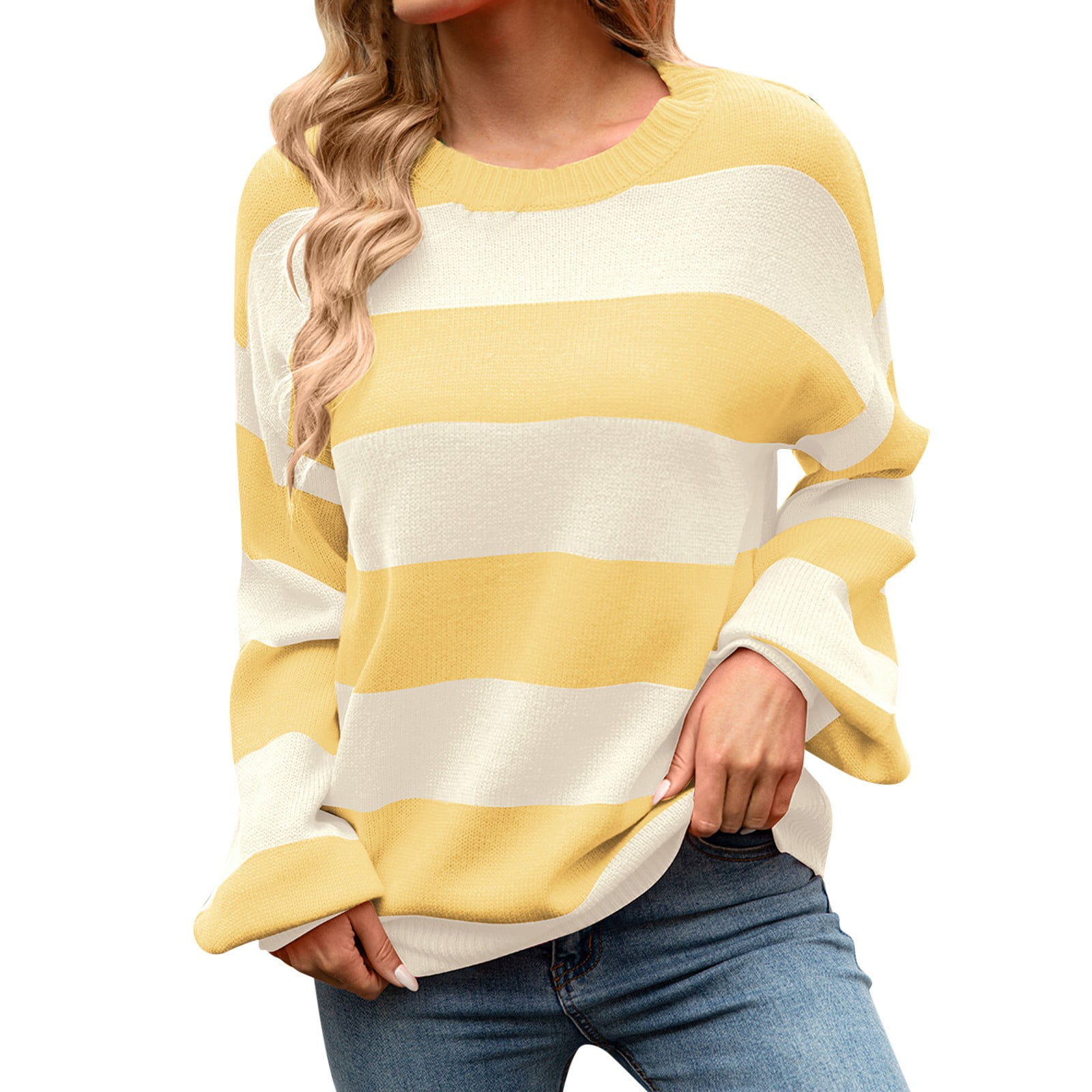 GDREDA Womens Oversized Striped Sweaters Color Block Crew Neck