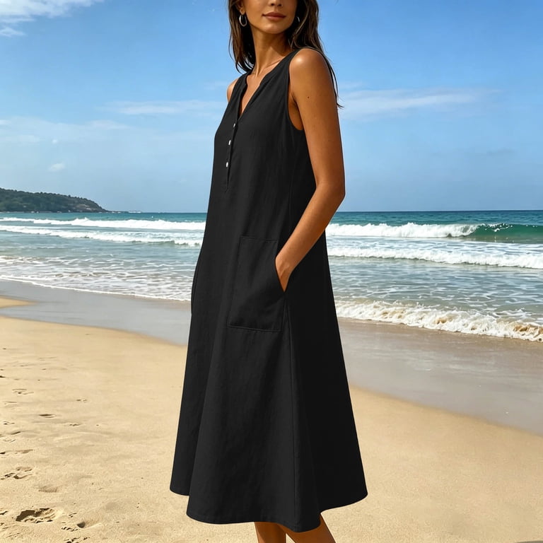 HBBIKVI A-Line Midi Dress for Women Summer Sleeveless Dress with Front Button Detailing,Racerback,and Cold Shoulder for Summer Vacation