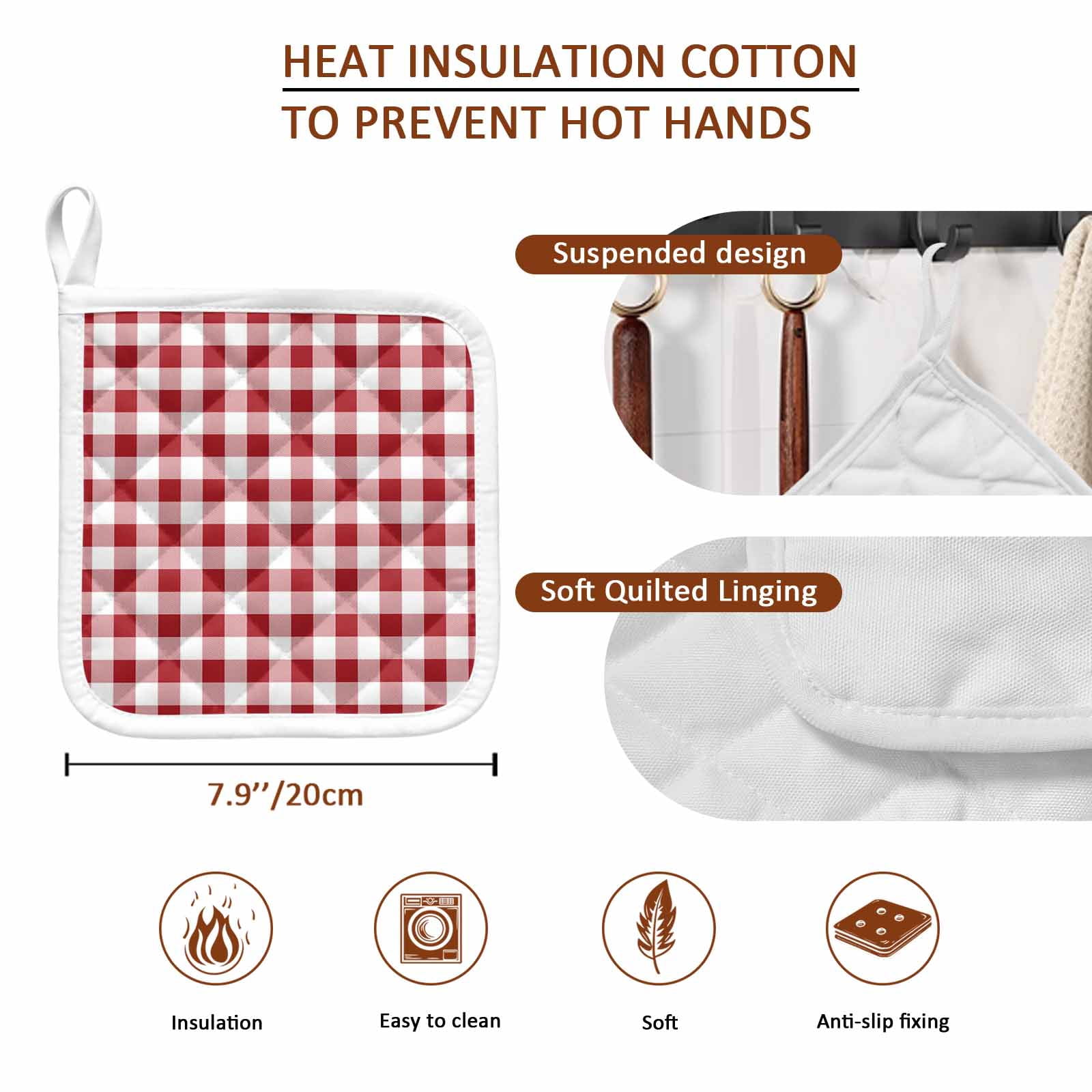 Farmhouse Red Plaid Pot Holders for Kitchen Heatproof Potholder, 3 Pack Rustic Red White Checkered Hot Pads Multipurpose Oven Pads Cloth Potholders Trivet for Cooking Baking