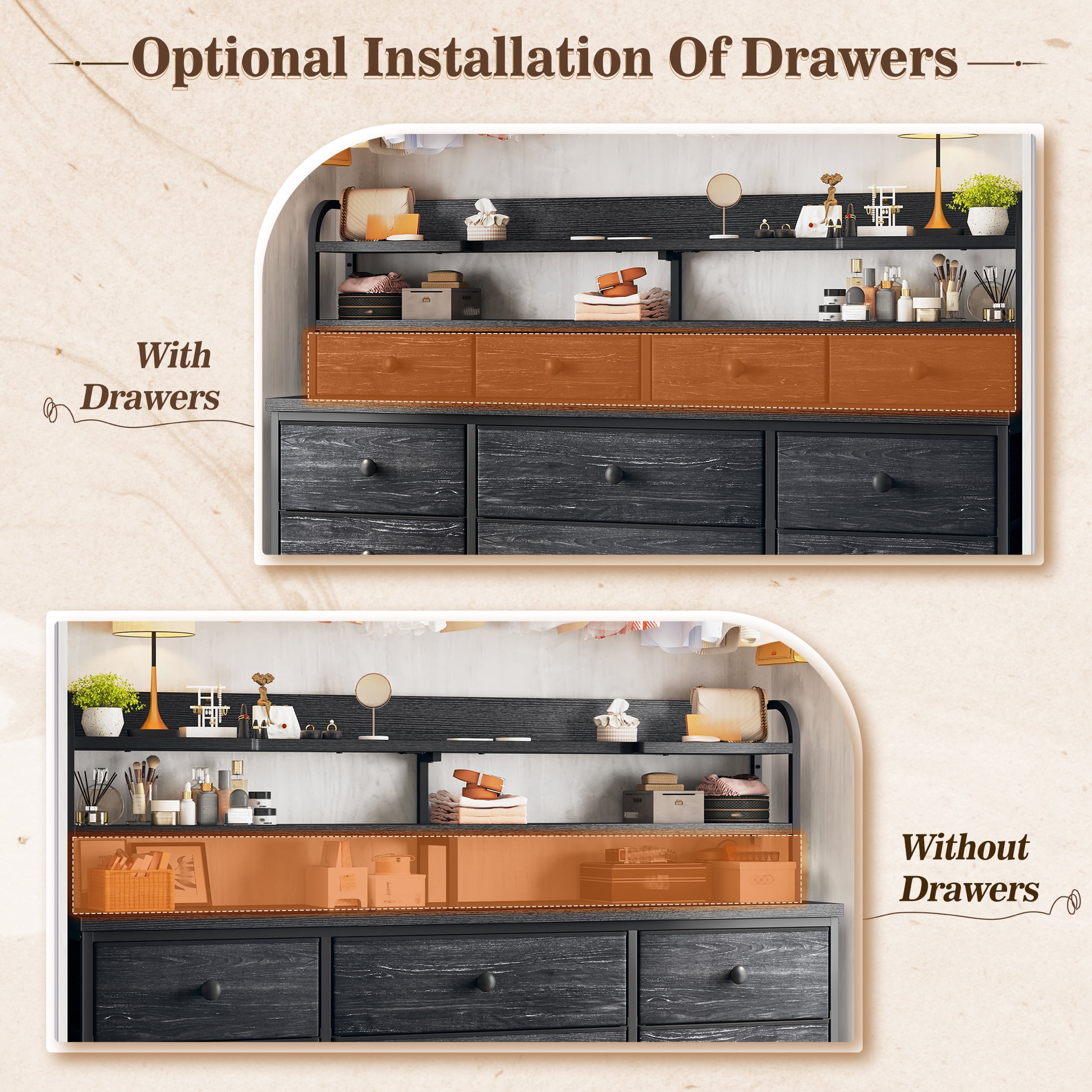 Black Dresser for Bedroom Long Dresser with 13 Fabric Drawers with Shelves for Closet with LED Light