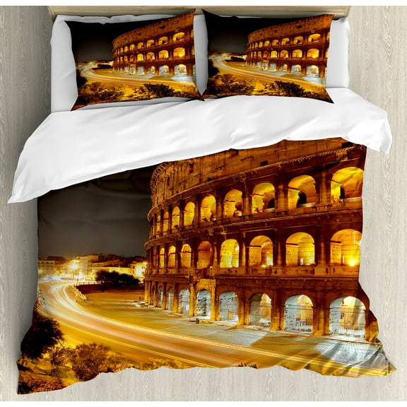 Italy Duvet Cover Set, Colosseum at Night Scenery Rome European City Heritage Monument Landscape, Decorative 3 Piece Bedding Set with 2 Pillow Shams, Queen Size, Amber Marigold Black, by Ambesonne