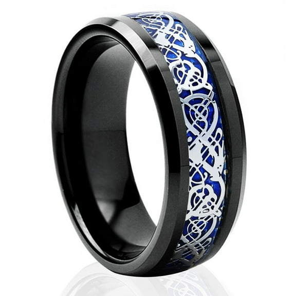 Tungsten Rings for Men Wedding Bands for Him 8mm Blue Black Silvering Celtic Dragon
