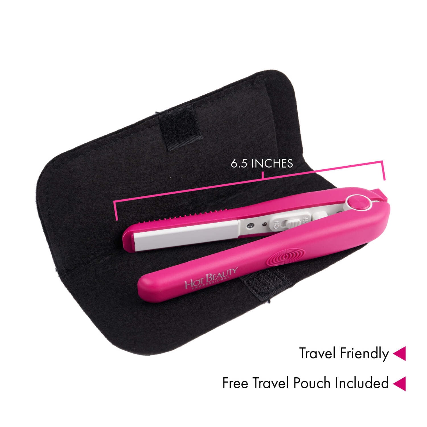 Hot Beauty Professional Ceramic Mini Flat Iron 1/2", Anti-Frizz, Fast Heating, Versatile Styling for Curly & Straight Hair, Ideal for Traveling with Travel Pouch (Pink)