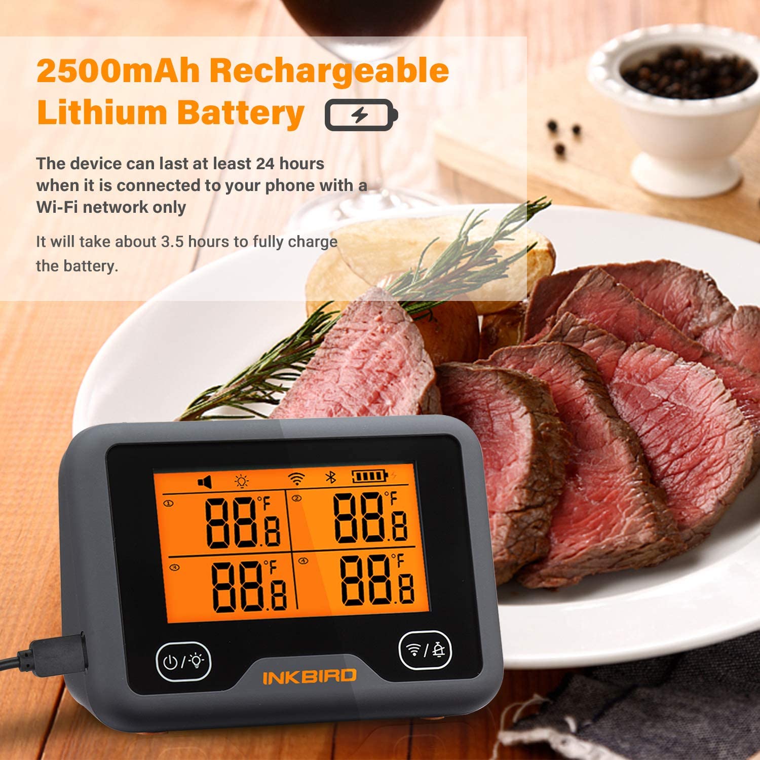 Inkbird Wi-Fi&Bluetooth Grill Thermometer IBBQ-4BW, Wireless Meat Thermometer with 4 Probes, Wifi Meat Grill Thermometer - image 3 of 7