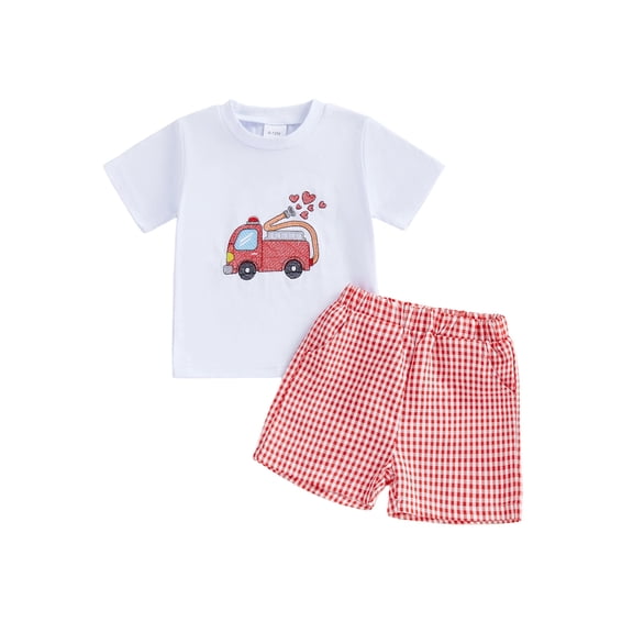 BemeyourBBs Toddler Baby Boy Valentines Day Outfit Spring Summer Clothes Cute Fire Engine Embroidery Short Sleeve T-Shirt Top and Plaid Shorts Set