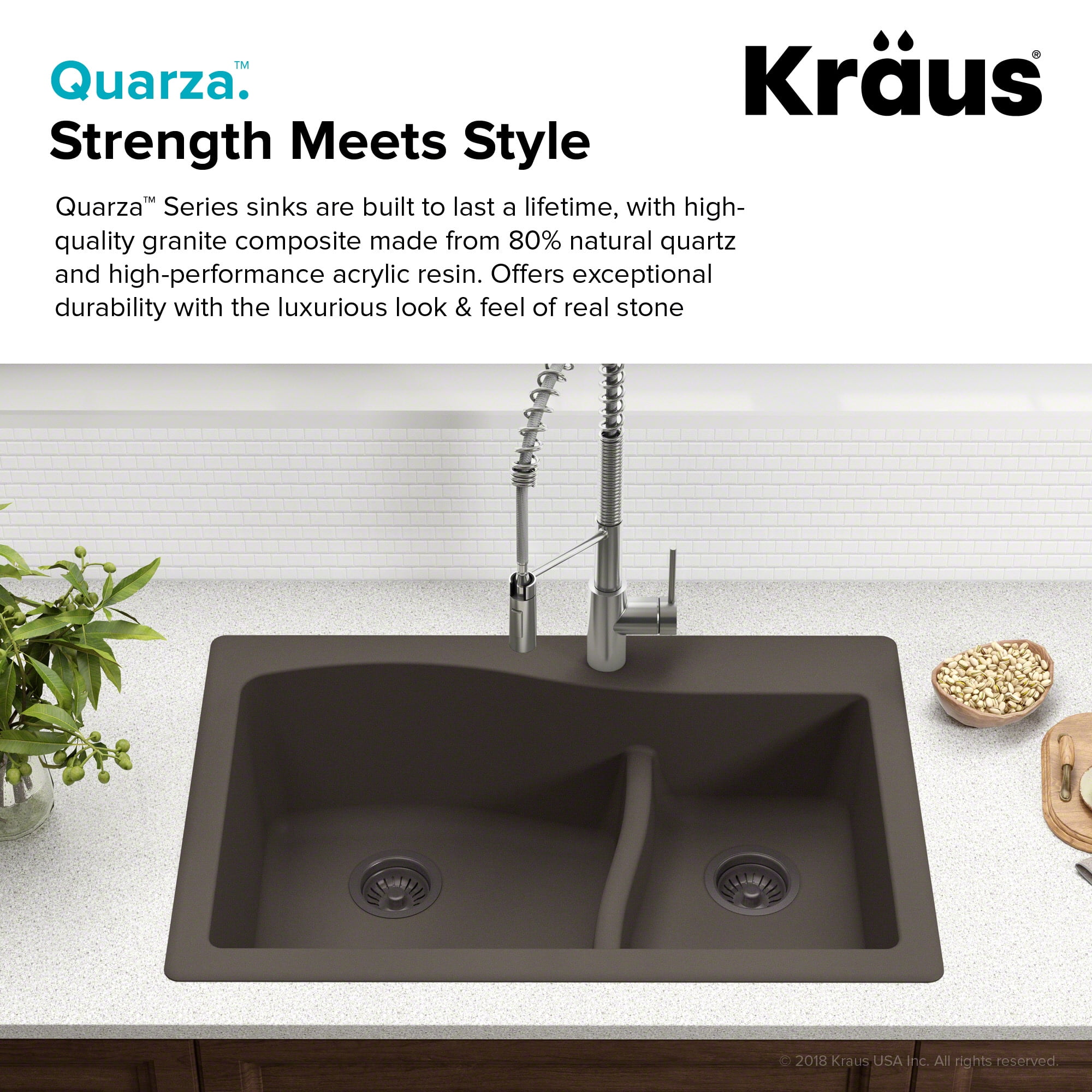 KRAUS Quarza 33 inch Dual Mount 60/40 Double Bowl Granite Kitchen Sink and Strainers in Brown
