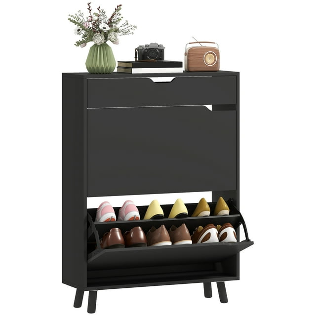 HOMCOM Armoire à Chaussures Étroite Armoire de Rangement pour Chaussures avec 2 Tiroirs Basculants, Noir