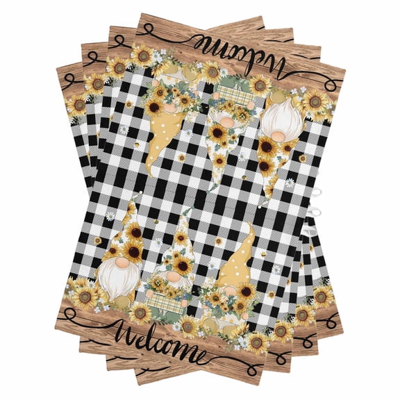 Gnomes Sunflowers Kitchen Towels Set of 4, Water Absorbent Dish Towel, Pastoral Botanical Black White Plaid Wooden Decorative Hand Towels - Quick Drying Cloth for Cooking Baking, 18x28 Inch