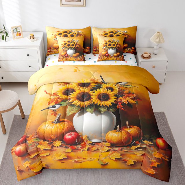 Erosebridal Sunflower Pumpkin Bedding Sets Full Size, Fall Maple Leaves Comforter Sets with Sheets, Rustic Farm Decor, Reversible 7pcs