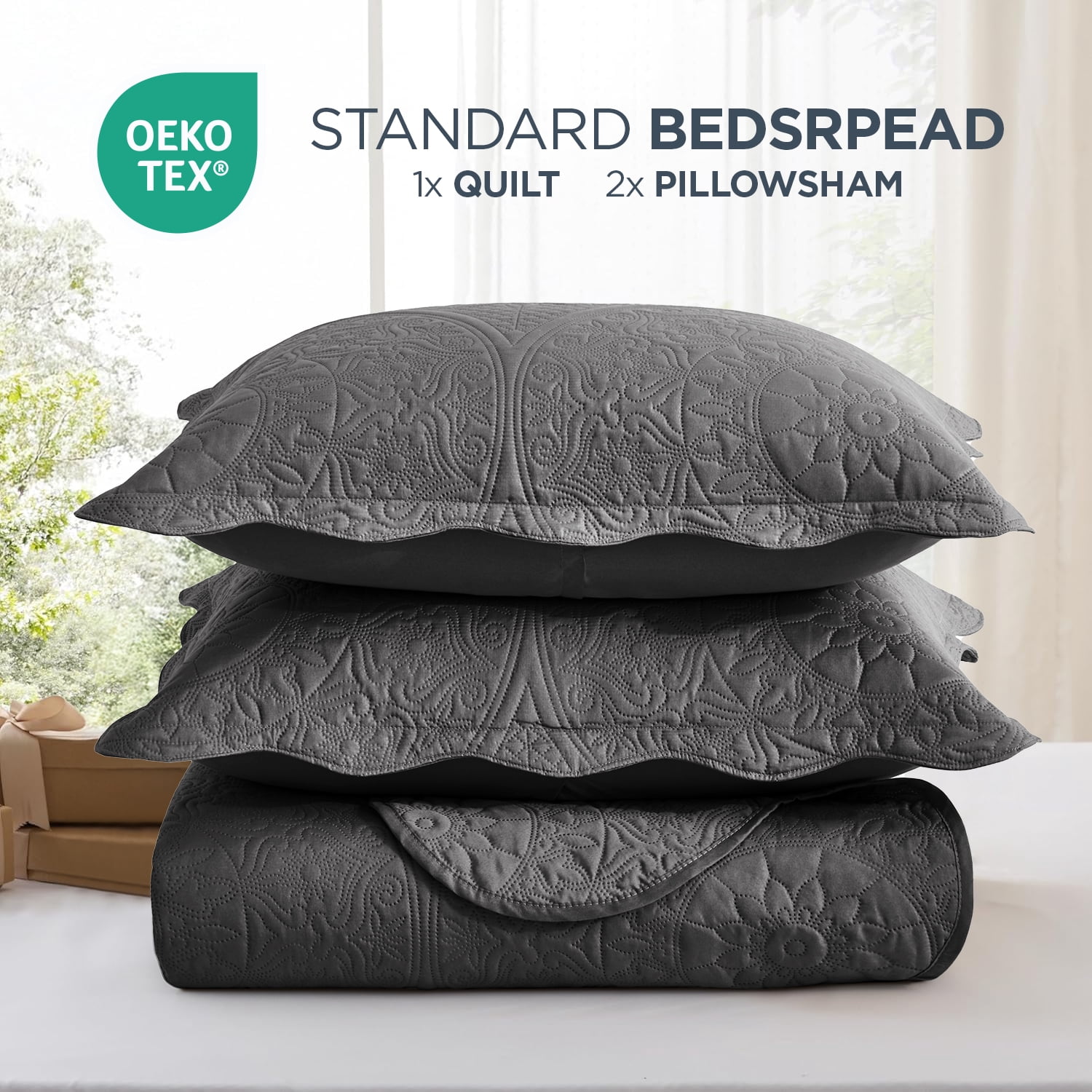 IR Imperial Rooms 3Pc-Embossed Bedspread Soft Microfiber Floral Modern Quilt Set Lightweight Queen Charcoal