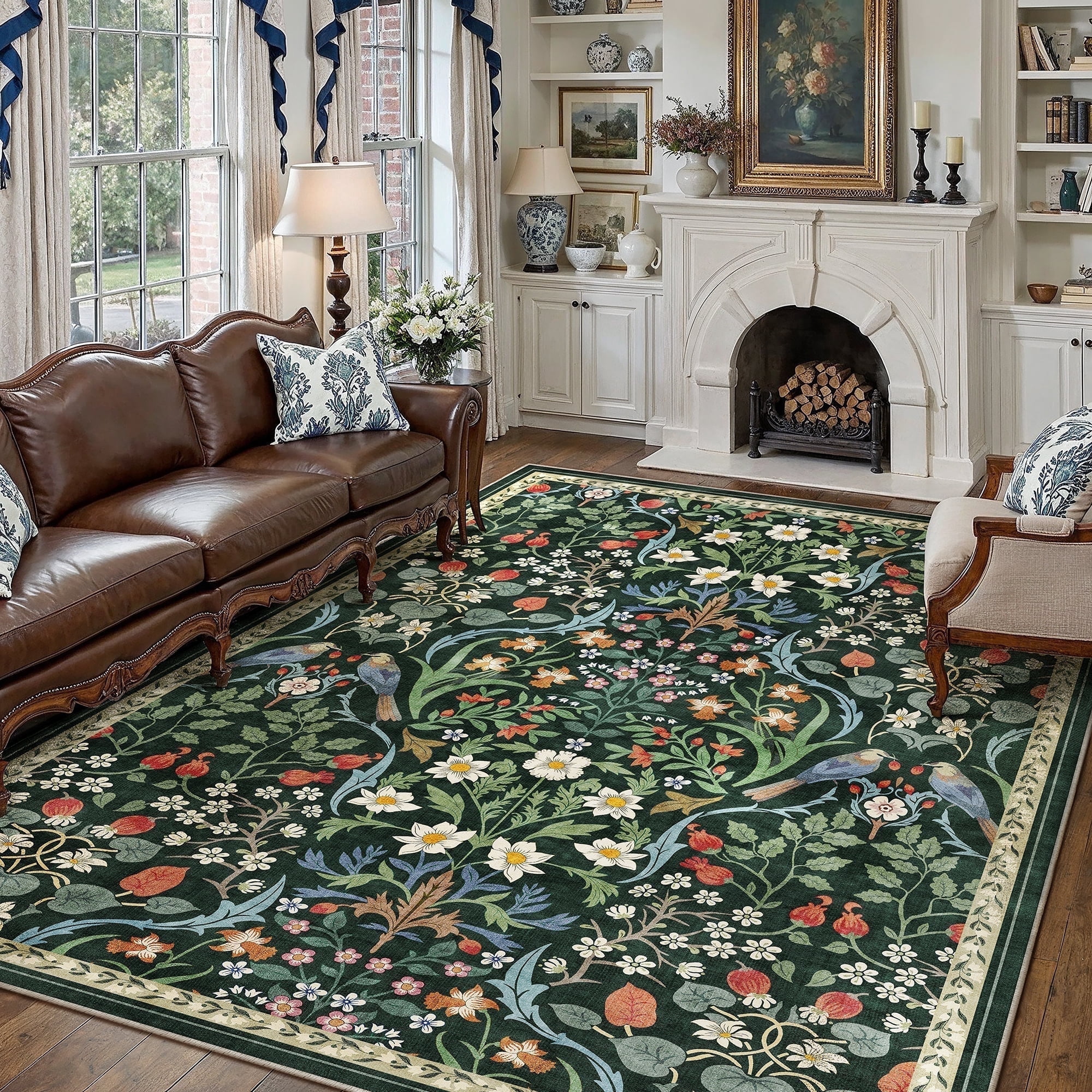 BERTHMEER 8'x10' Area Rugs Washable Non Slip Floral Carpets for Living Room Bedroom Kitchen Office Large Rugs Vintage Green Farmhouse Dining Room Oriental Flower Rugs, Multicolor