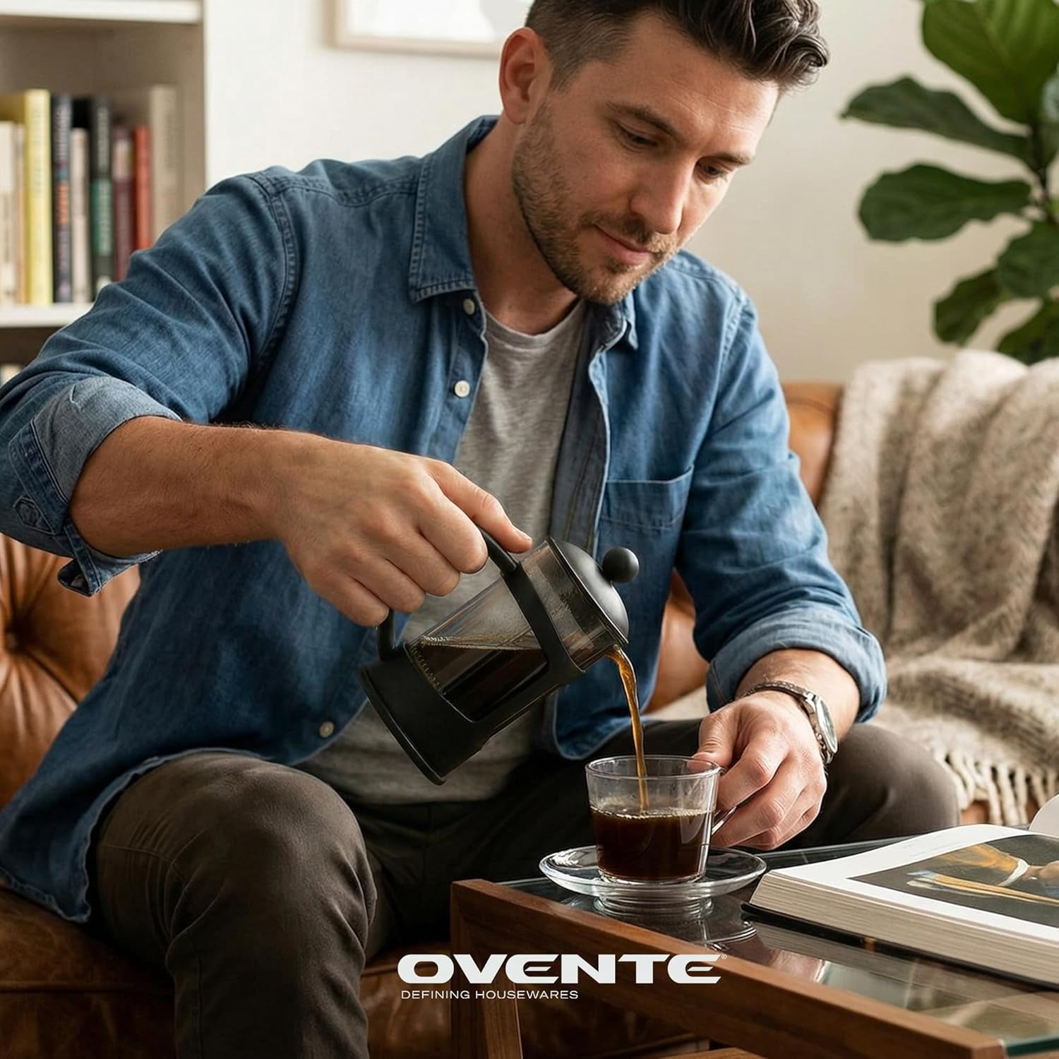 OVENTE French Press Coffee Maker 12 Ounce with Heat Resistant Borosilicate Glass & Stainless Steel 4-Level Filtration System, Portable Cold Brew Coffee Maker for Travel, Camping or Gift, Black FPT12B