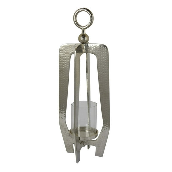 Brie Candle Holder Lantern, 27 Inch, Silver Metal Frame, Glass Shade