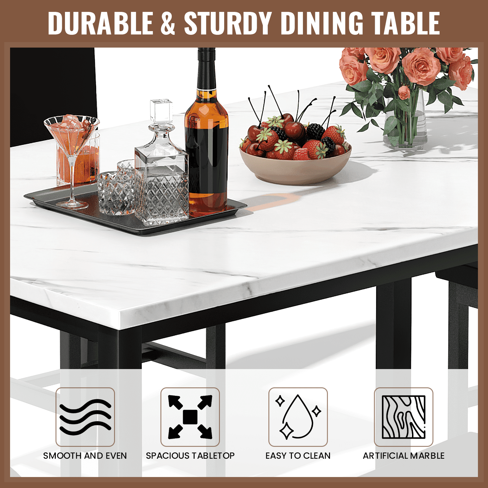 AWQM 5 Piece Dining Table Set, Modern Faux Marble Tabletop and 4 PU Leather Upholstered Chairs, Rectangle Kitchen Table and Chairs for 4 Persons, Small Dining Set for Bar Dining Room Breakfast Nook