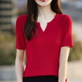 thumbnail image 2 of Stylish Olyvenn Waffle Knit Tops for Women V Neck Short Sleeve Solid Casual Shirts Loose Summer Tunic Sweater Tops Blouses Red XXL, 2 of 3