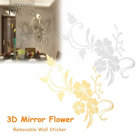 Retro Flower Wall Sticker - Jeteven Retro 3D Mirror Flower Wall Sticker Floar Art Removable Vinyl Acrylic Mural Decal Decoration DIY TV Living Home Dining Room Bedroom Kitchen Wall Sofa Decor(Silver& Golden)