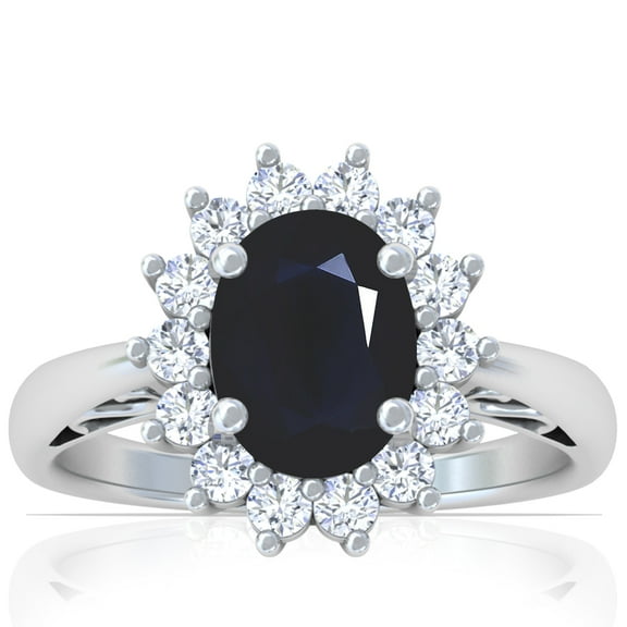 GemsNY September Birthstone - Four Prong Princess Diana Inspired Oval Sapphire Halo Ring (Grade - A | 2.85cttw)