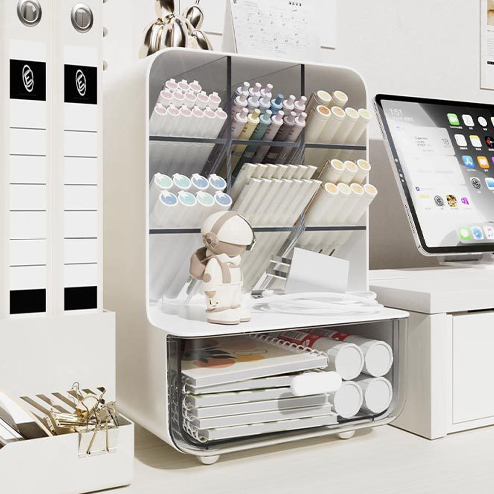 Naierhg Slant Pen Holder Desk Stationery Storage Box with Transparent Drawer Large Capacity Dust-Proof Storage Rack Desk Organizer