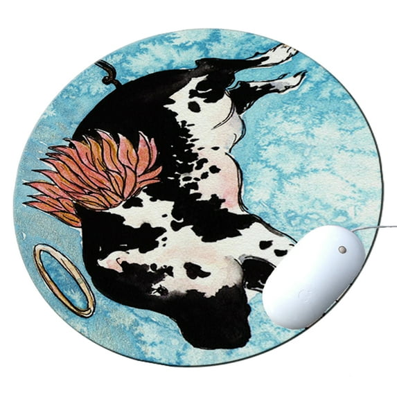 KuzmarK Round Mousepad / Hot Pad / Trivet - Flying Angel Pig Animal Art by Denise Every