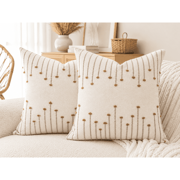 Set of 2 Neutral Woven Decorative Boho Throw Pillows Covers for Couch Bed Home Decor, 18x18 inch, Brown